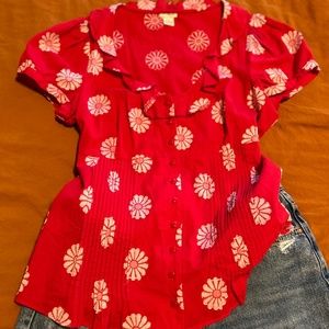 Odille from Anthropology scoop, neck, small bell sleeve, ruffle, neckline, pearl